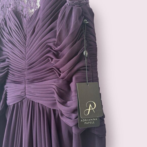 adrianna papell dress Like A Glove NWT Purple Lace Shoulders Shirred Plus 16 - Picture 6 of 10